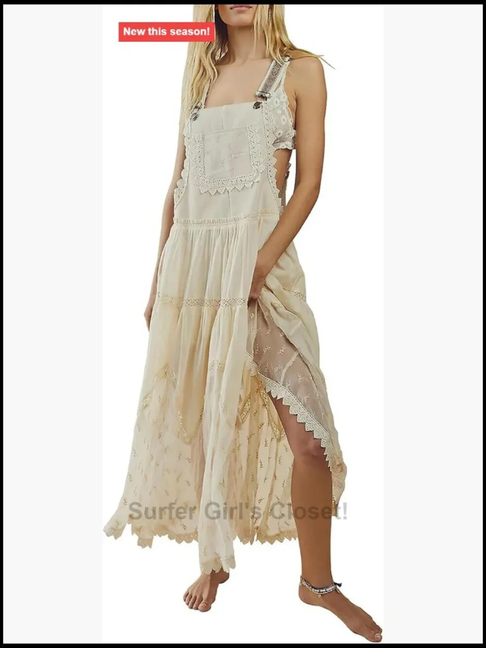 Laced Embroidered Tulle Boho Maxi Dress Adjustable Straps Loose Fit